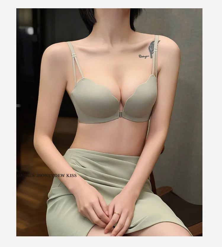 New Front Buckle Beautiful Back Underwear Women's Small Breasts Gathered Integrated Non-wired Breathable Non-marking Bra