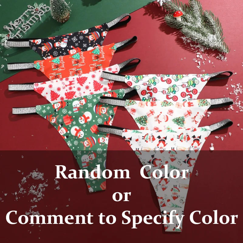 New 4Pcs Christmas Print Underwear Breathable Shiny Belt Thong Women Skin-friendly Fashionable Casual Christmas Gifts