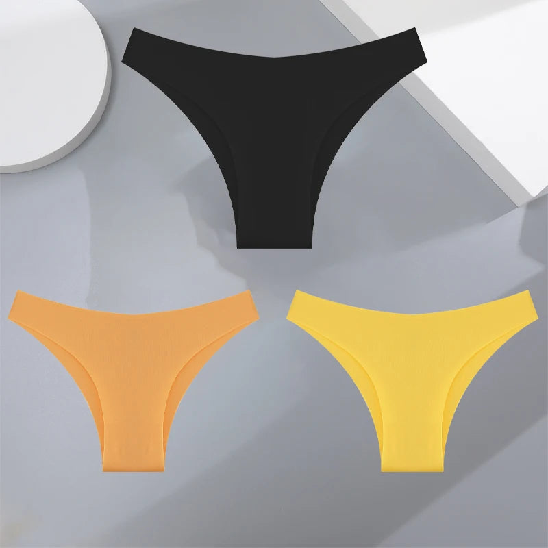 FINETOO 3Pcs Ultra-thin Seamless Silk Underwear Women's Panties Sexy Low-Waist Stretch Bikini Solid Color Briefs Lingerie XS-XXL