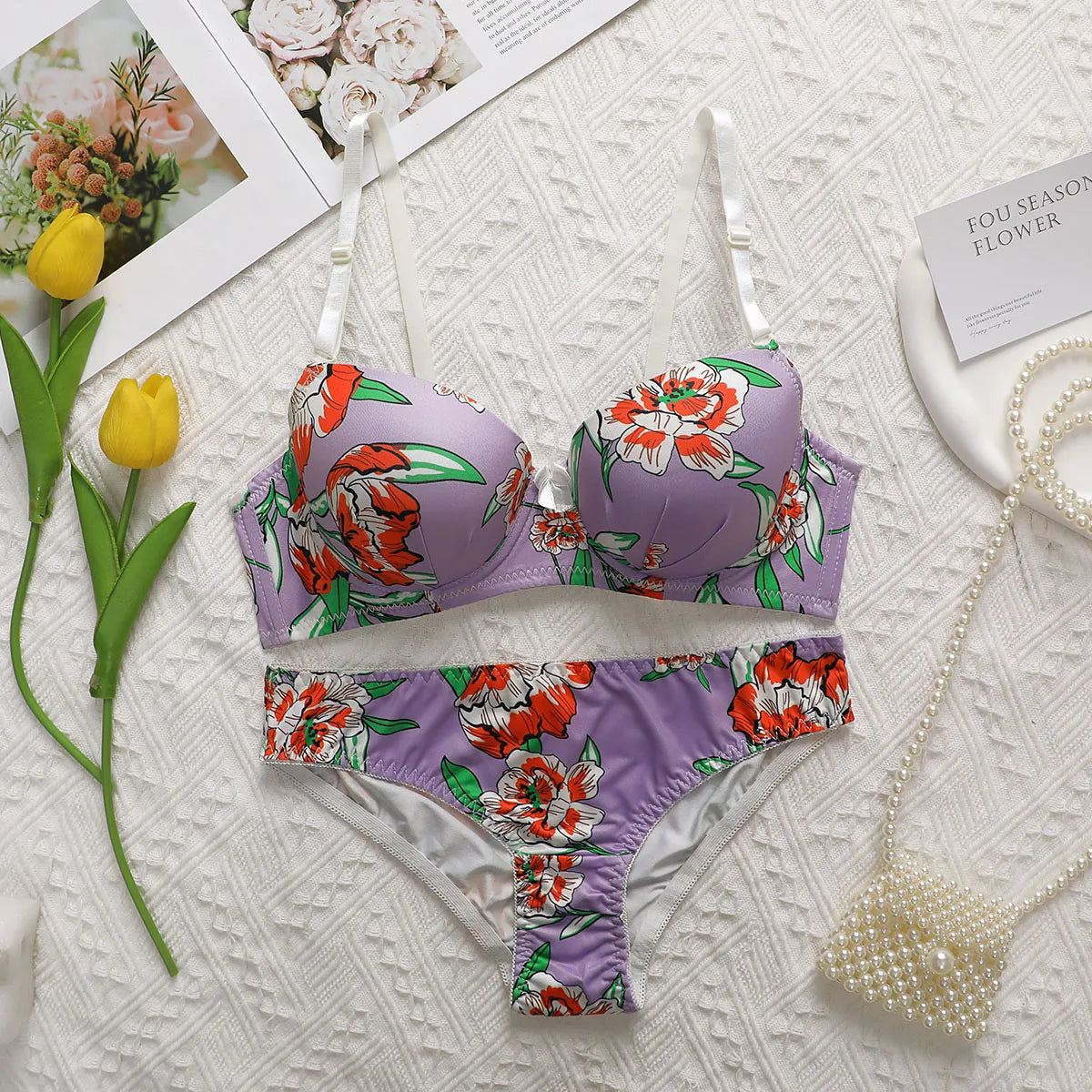 High-Quality Multi-Color Printed Push-Up Bra & Panty Set – Women’s Lingerie Beach Party Bikini