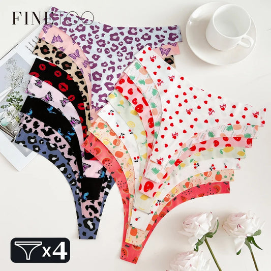 FINETOO Ultra Soft Seamless Graphic Print Thong Set – 4-Pack Stretch Leopard G-Strings for Women