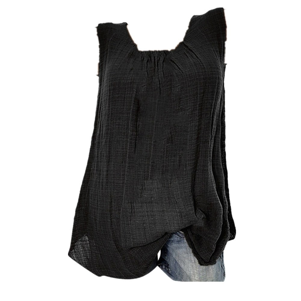 Plus Size Cotton Linen Sleeveless Baggy Tank Top – Casual U-Neck Summer Vest Blouse for Women