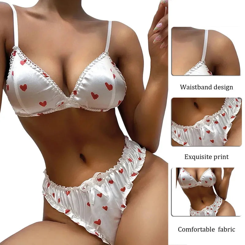 Satin Heart-Print Wireless Bra & Brief Set – Cute Summer Lingerie