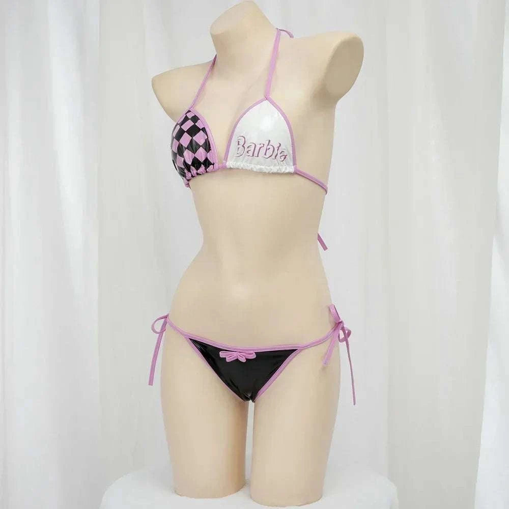 Women Three Point Underwear Set Cosplay Costume Barbie Cute Girl Pink Black Plaid Bikini Swimsuit