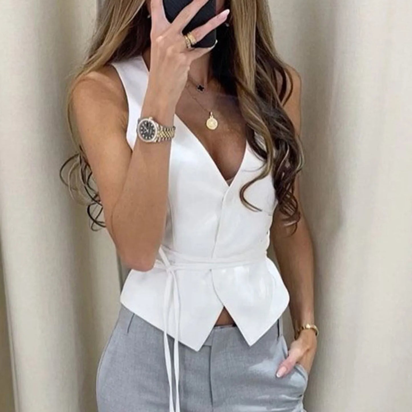 V-Neck Lace Up Slim Fit Tank Top – Sleeveless Y2K Cropped Camisole Cardigan for Women