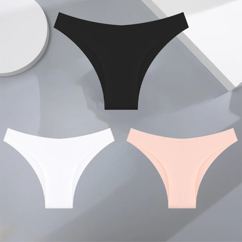 FINETOO 3Pcs Ultra-thin Seamless Silk Underwear Women's Panties Sexy Low-Waist Stretch Bikini Solid Color Briefs Lingerie XS-XXL