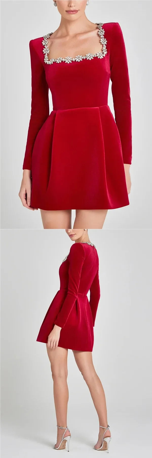 Elegant Short Velvet Dress with Diamond Embellishment Square Collar Independent Station Cross-border Spring Women's Fashion