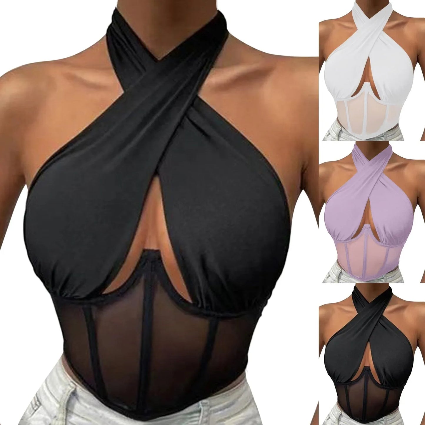 Sexy Cotton Stretch Tops For Women Cross Halter Sleeveless Blouses Fashion Sleeveless Hollow Out Top Irregular Neckline Tank Top