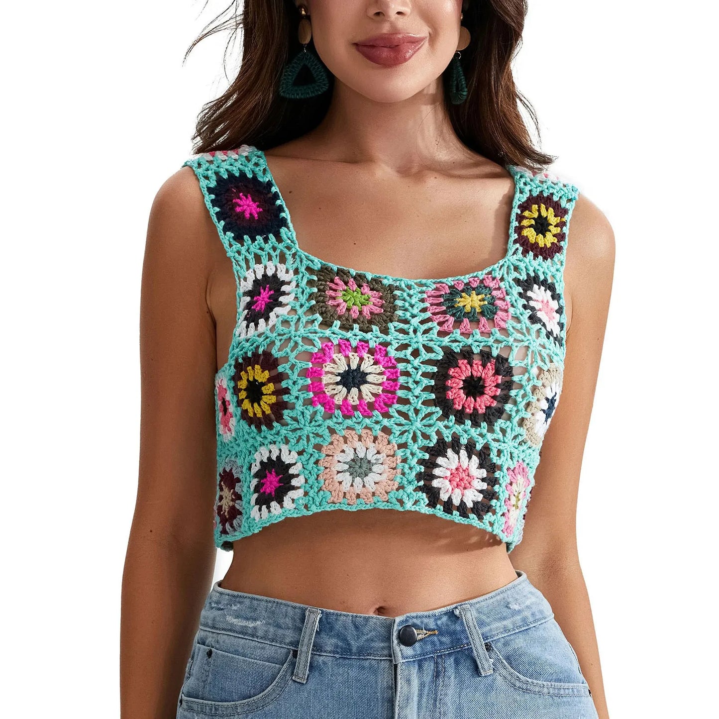 Womens Crochet Tank Top With Tassels Cover Ups Knit Colorful Floral Embroidery Summer Backless Camisole Fashion Casual Bohemian