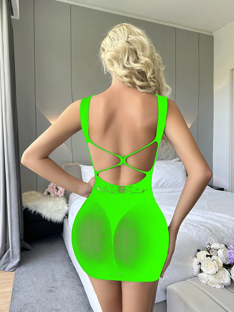 Women’s Sheer Fishnet Hollow-Out Backless Bodysuit Skirt – Erotic One-Piece Mesh Dress