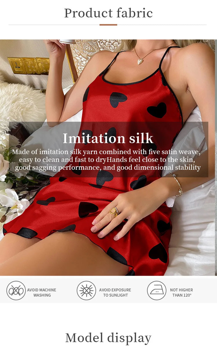 Heart Print Slip Nightdress Casual Crew Neck Criss Cross Back Sleepwear Women's Dresses