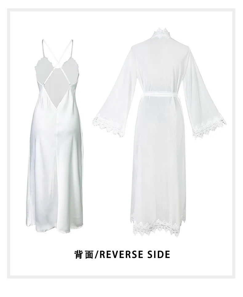 Sexy Sheer Mesh Robe Bride Wedding Robe Suit 2Pcs Lace Patchwork Night Dress Long Chemise Sleepwear Satin Lingerie Pajamas