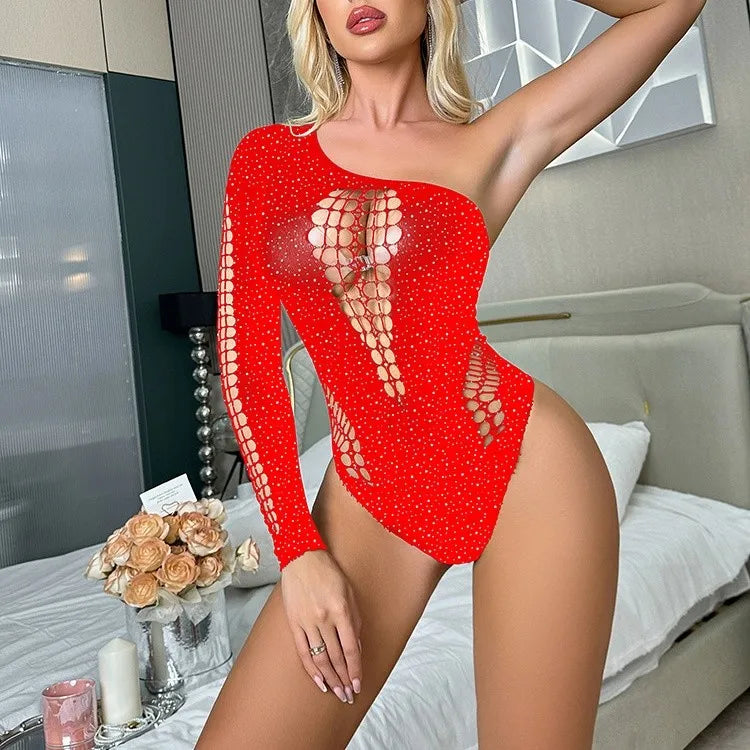 Women's Sexy Mesh Clothes Erotic Lingerie Hot Drilling Long Sleeved Corset Package Hip Erotic Women's Sexy Lace Underwear Set
