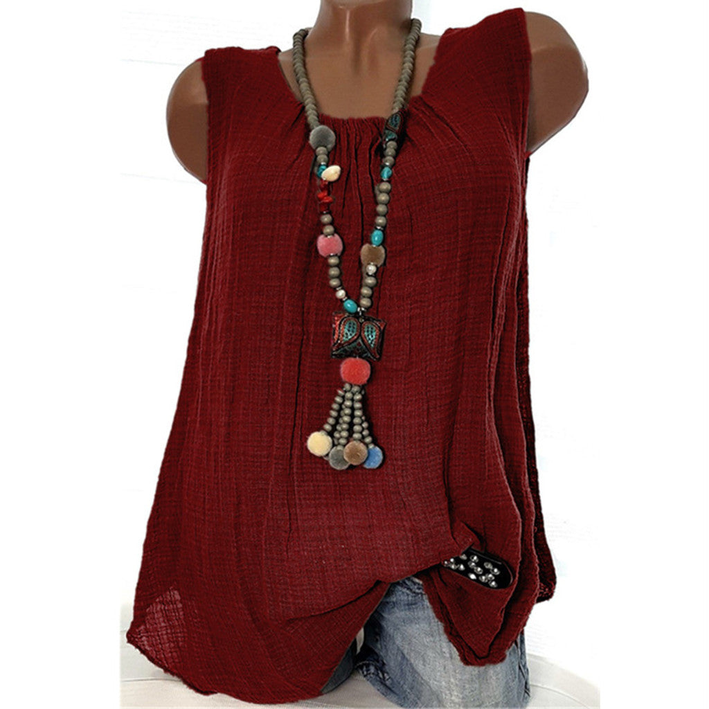 Plus Size Cotton Linen Sleeveless Baggy Tank Top – Casual U-Neck Summer Vest Blouse for Women