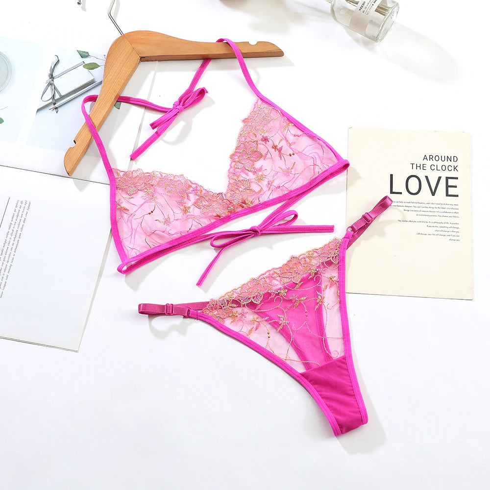 Women’s Ultra-Thin Transparent Mesh Lace Bralette & Brief Set – Backless Sexy Lingerie