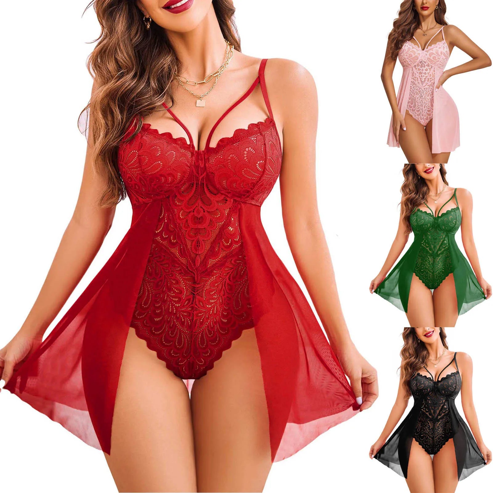 Sexy Lace Nightdress Mesh Transparent Nightgown Solid Women Sleepwear Spaghetti Strap Sleeping Dress Erotic Pajamas Hot Babydoll