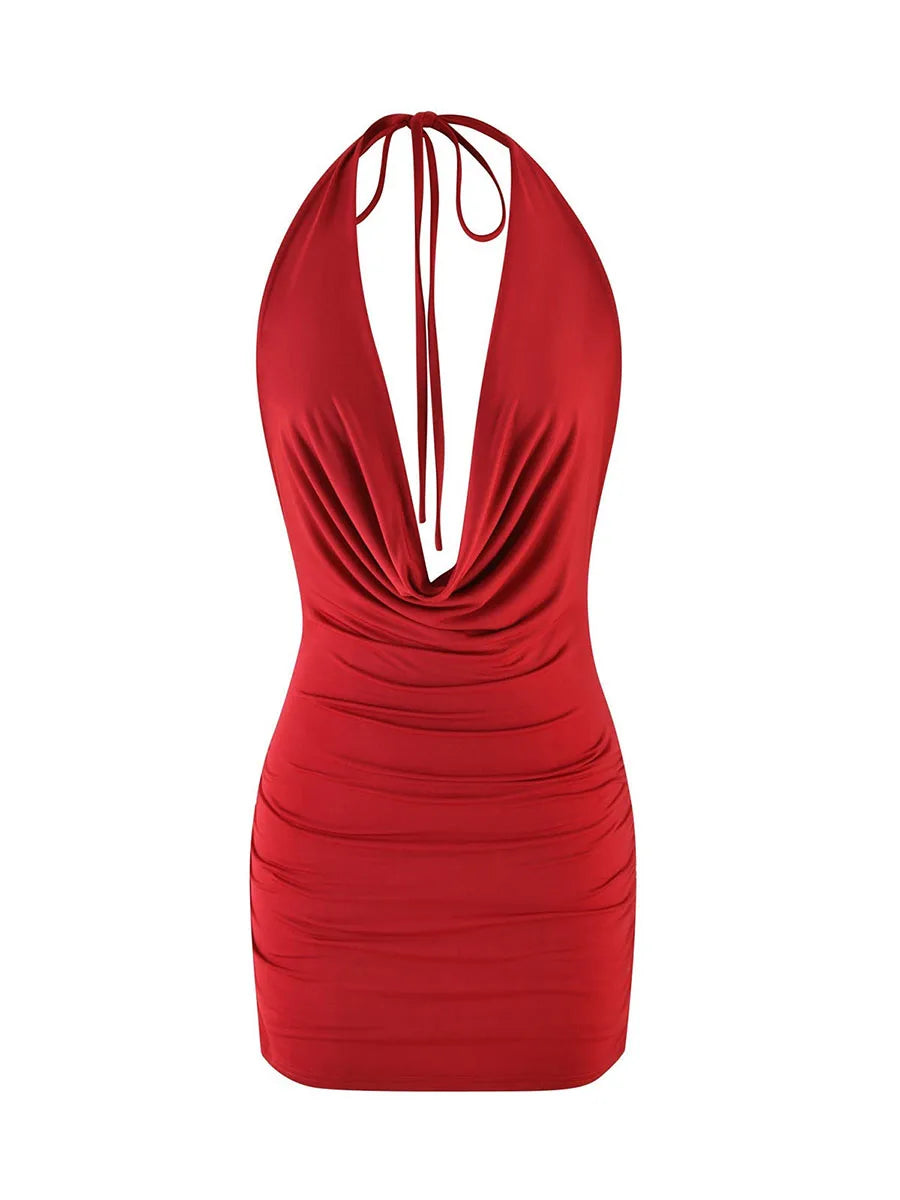Sleeveless Mini Dress with Open Back and Ruched Detailing - Solid Color Summer Dress