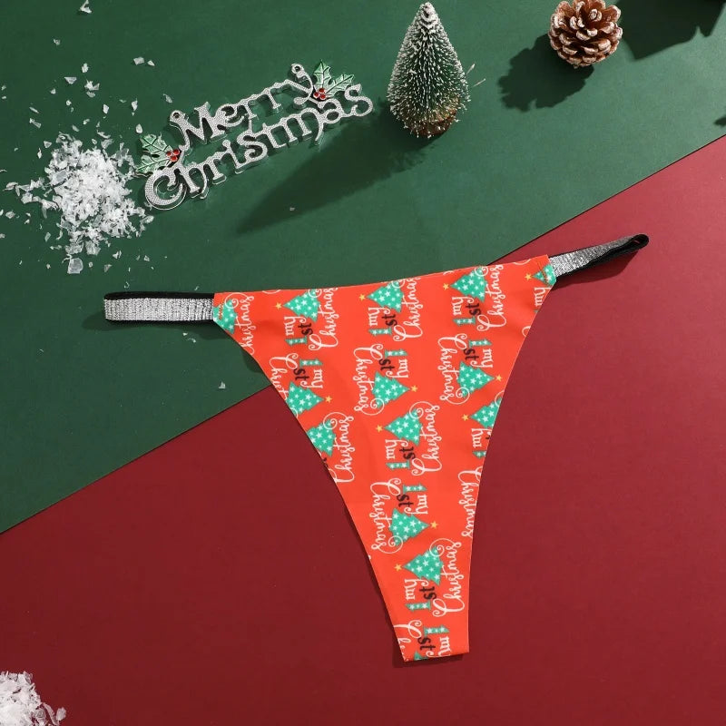 New 4Pcs Christmas Print Underwear Breathable Shiny Belt Thong Women Skin-friendly Fashionable Casual Christmas Gifts