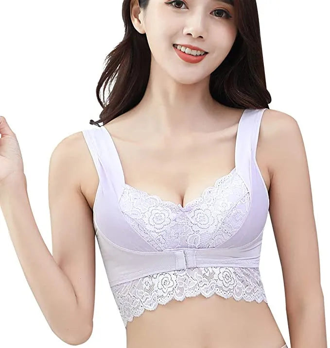 Push Up Vest Bras for Women Posture Corrector Gathered Bra without Steel Ring Front Closure Floral Embroidery Lace Bra Underwear