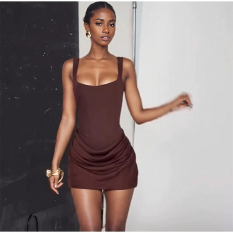 Women Square-neck Halter Mini Dress Sexy Pleated Sleeveless Backless High Waist Bodycon Dresses 2025 New Summer Lady Party Robes