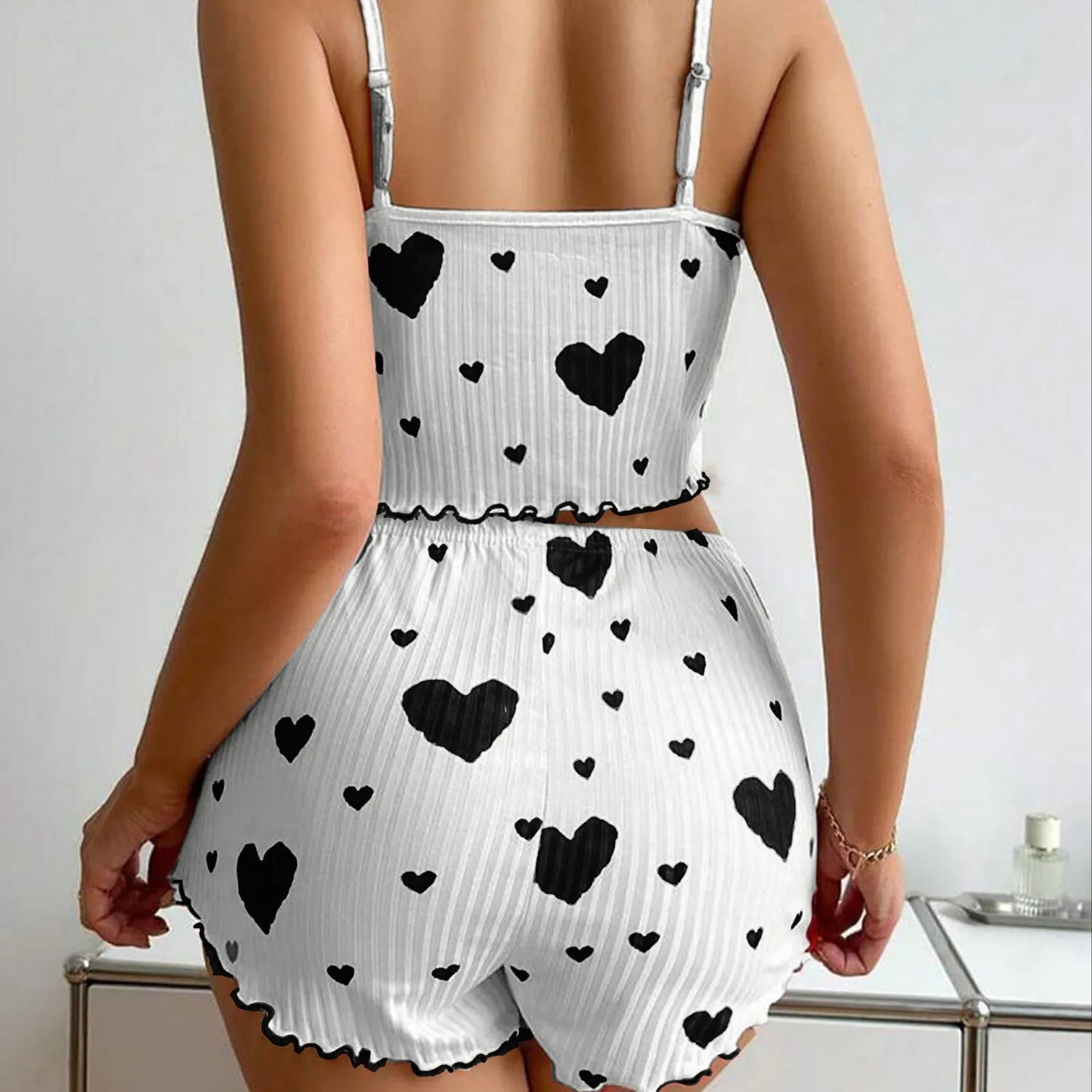 Heart Print Women's Pajamas Set Sleepwear 2 PCS Short Tank Tops and Shorts Sets Ventilate Soft Casual Love Sleeveless Home Suit