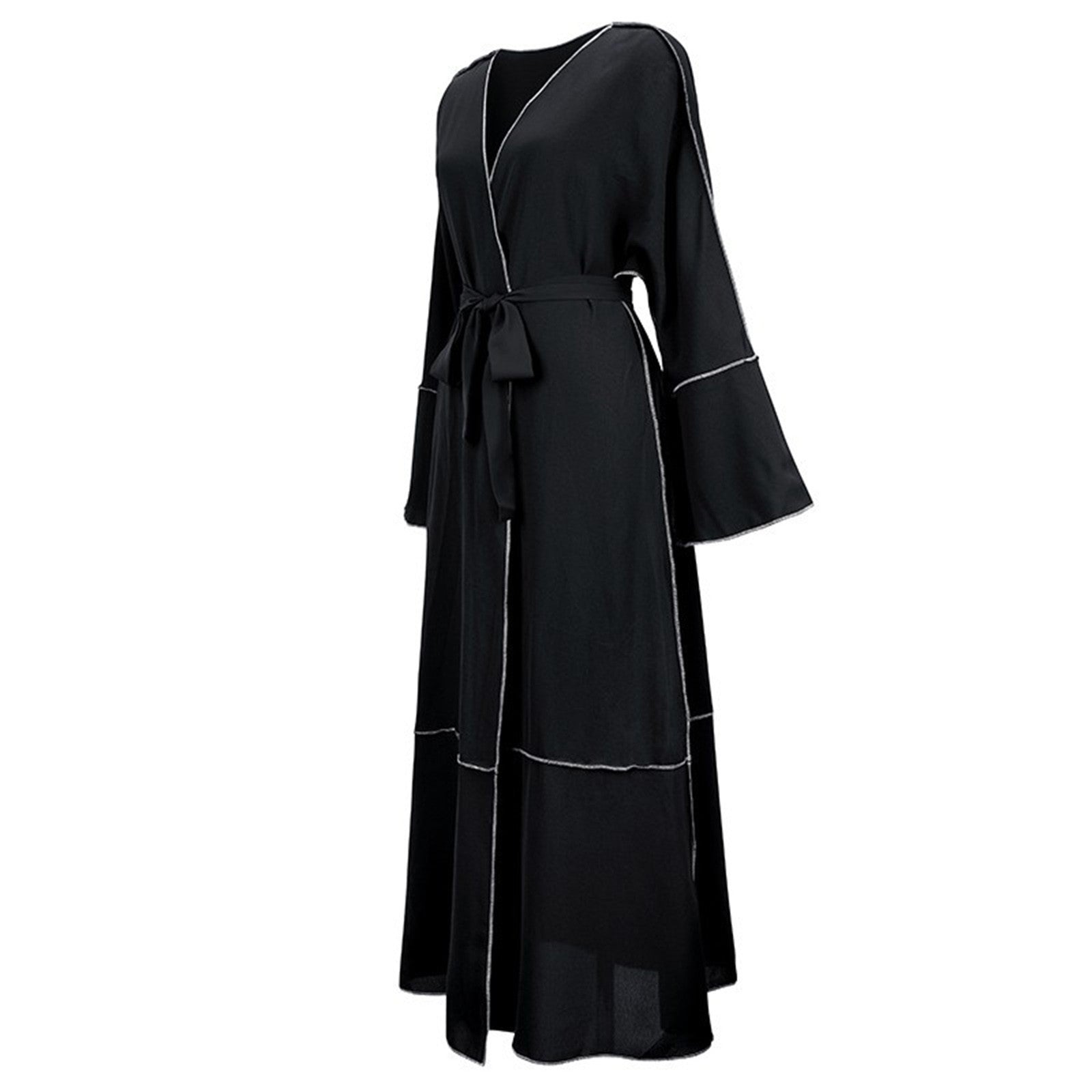 2024 Lace-Up V-Neck Flare-Sleeve Abaya – Long Muslim Hijab Dress