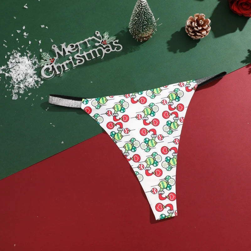 New 4Pcs Christmas Print Underwear Breathable Shiny Belt Thong Women Skin-friendly Fashionable Casual Christmas Gifts