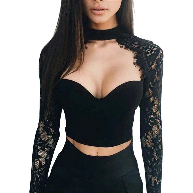 Sexy Lace Patchwork Tops For Women Long Sleeve Push Up See-through Crop Tops Ladies Summer Spring Low-cut Slim Blouses