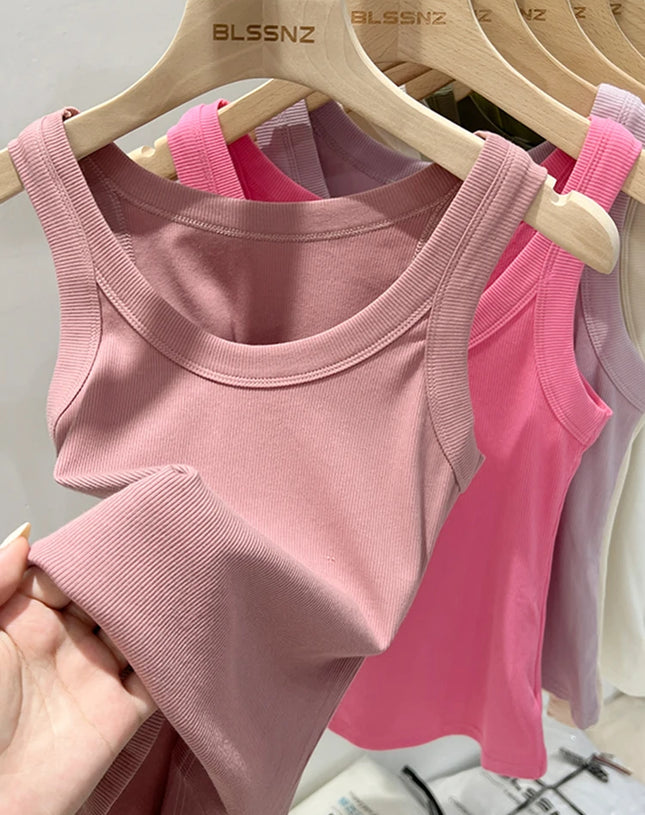 zjaiss Women Solid Round Neck Ribbed Tank Top Camisole Women 2025 Summer Basic Elastic Tank Top O Neck Solid Tank Top