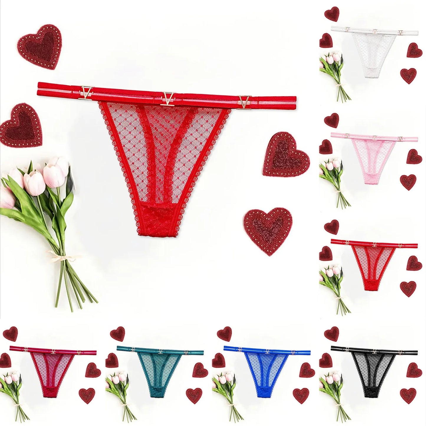 Seamless Hipster Mesh Thong – Low Waist Multi-Color G-String with Lace & Metal Buckles for Women