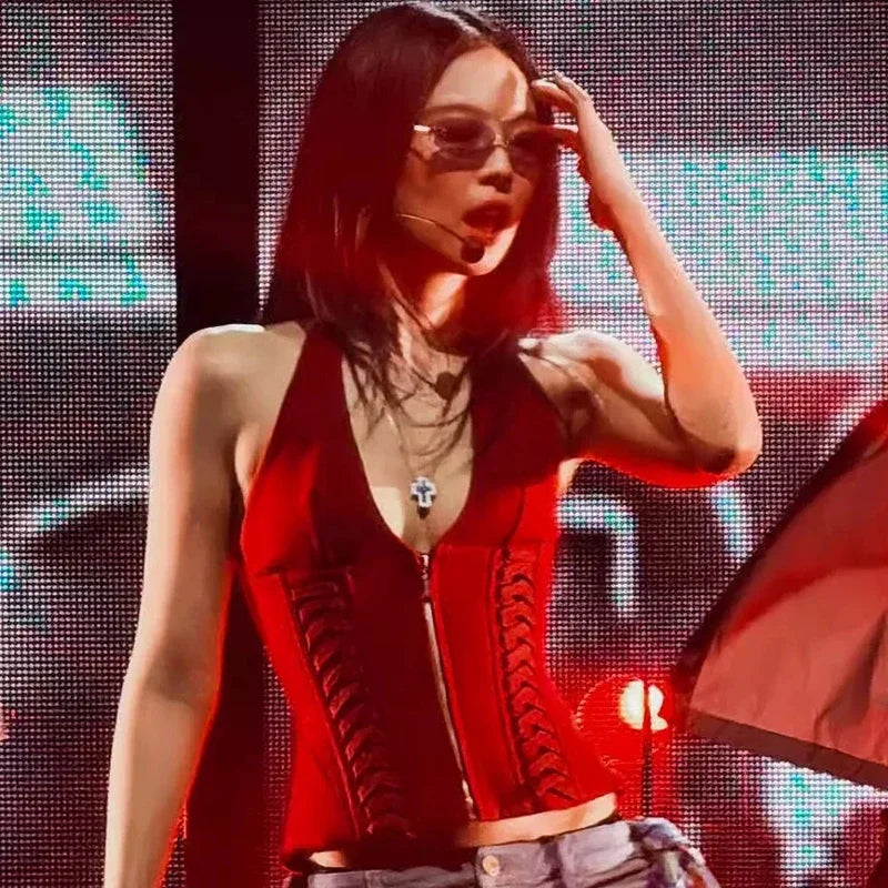 Fashion Cross Tie Zipper Slim Women's Vest Sexy Off Shoulder Backless Sleeveless Halter Top Casual Summer Street Camis