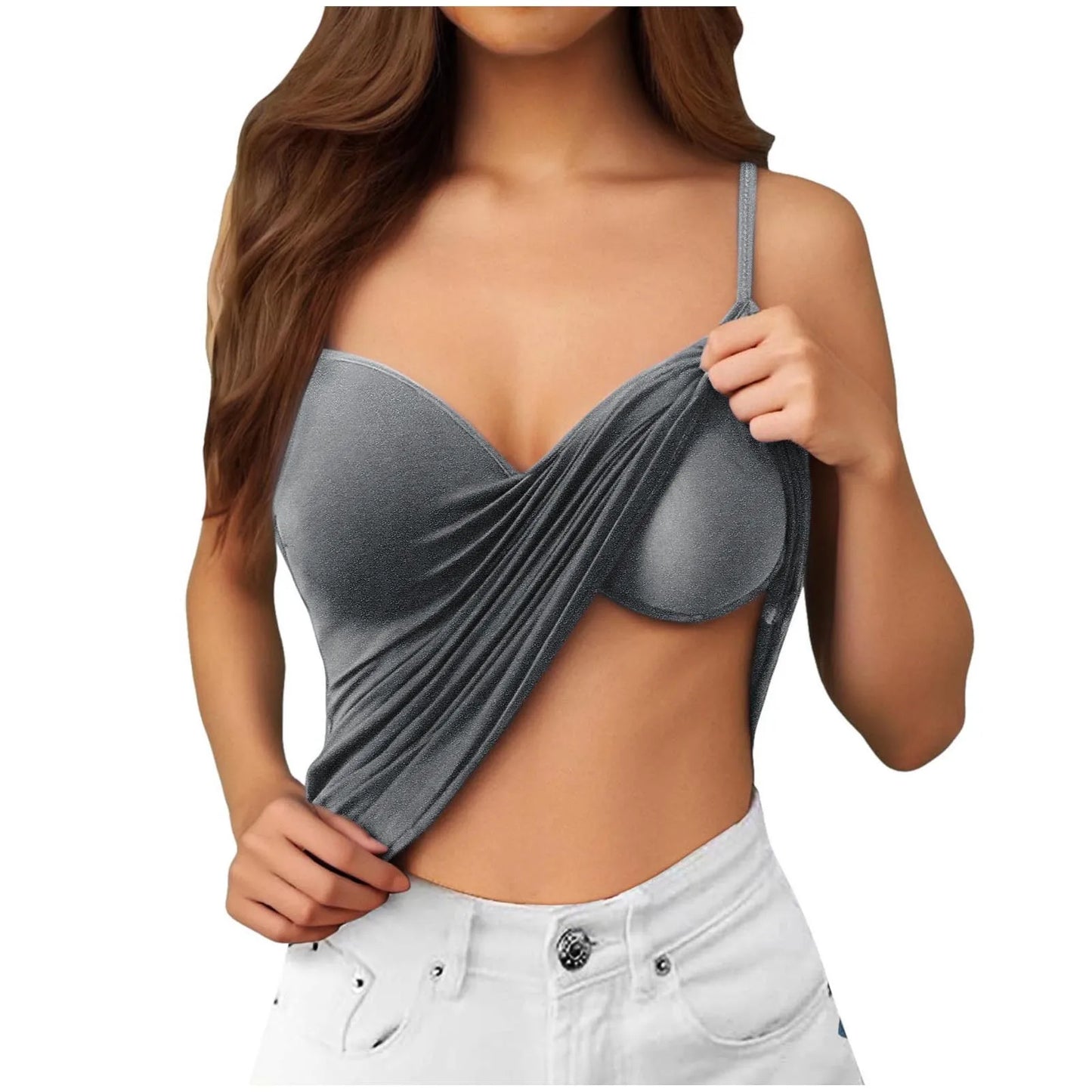 Plus Size Lace Camisole Top with Built-In Bra – Casual Solid Color Spaghetti Strap V-Neck Tank for Women