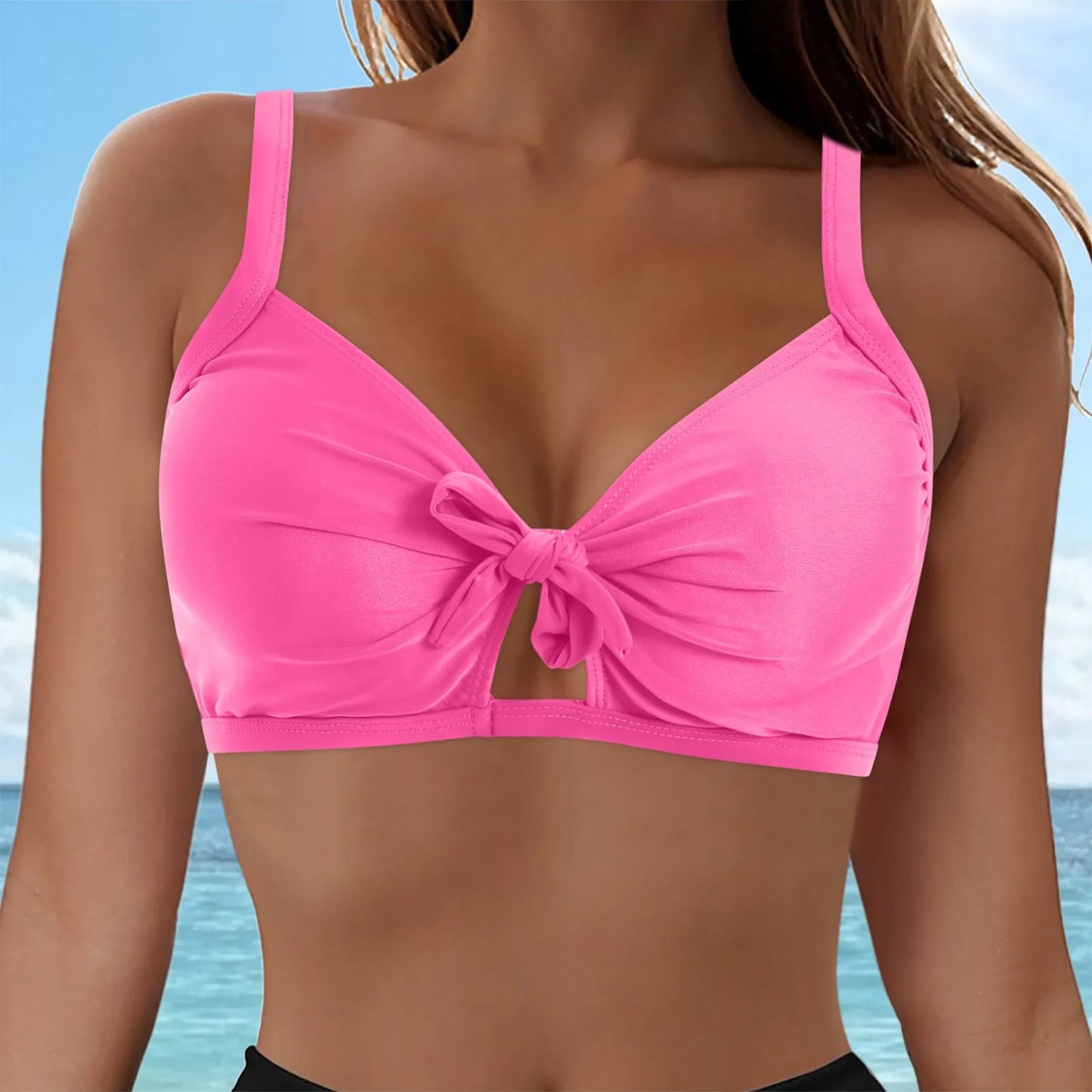 Women Swimwear Wrapped Knot Solid Color Push Up Gathering Sexy Bikini Tops Full Coverage Backless Tankini Tank Tops Beachwear