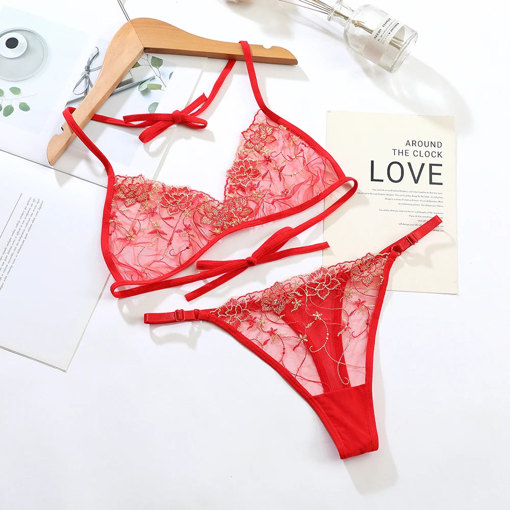 Women’s Ultra-Thin Transparent Mesh Lace Bralette & Brief Set – Backless Sexy Lingerie
