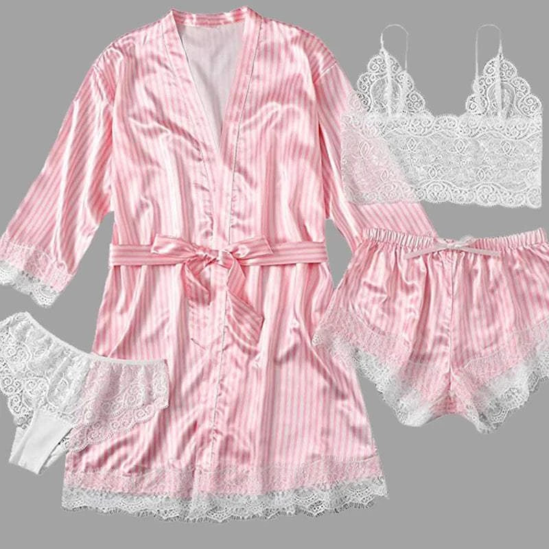 4PCS Women Pajama Suit Fashion V-Neck Stretch Silk Satin Robe Lace Sexy Lingerie Bathrobe Bowknot Pyjamas Shorts Set Sleepwear