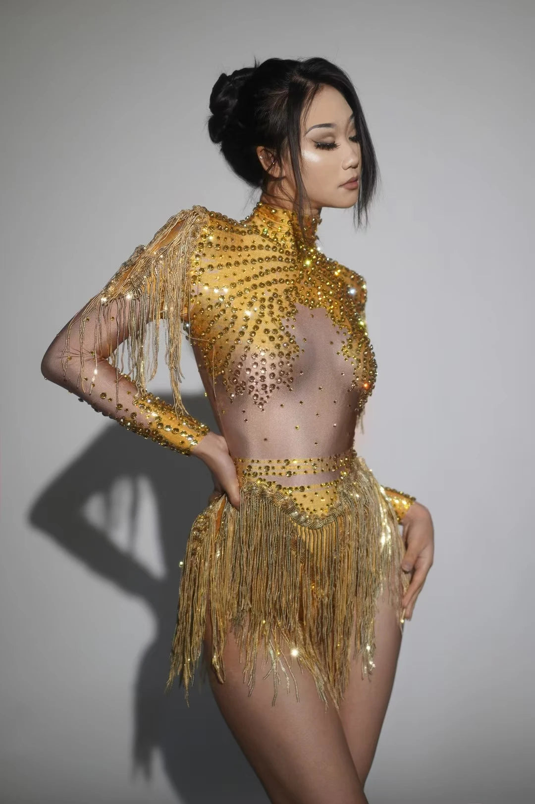 Gold Silver Sequins Tassel Elastic Bodysuit Sex)Pole Latin Dance Stage Wear Nightclub  DJSinger Dancer Performance Costume  Q025