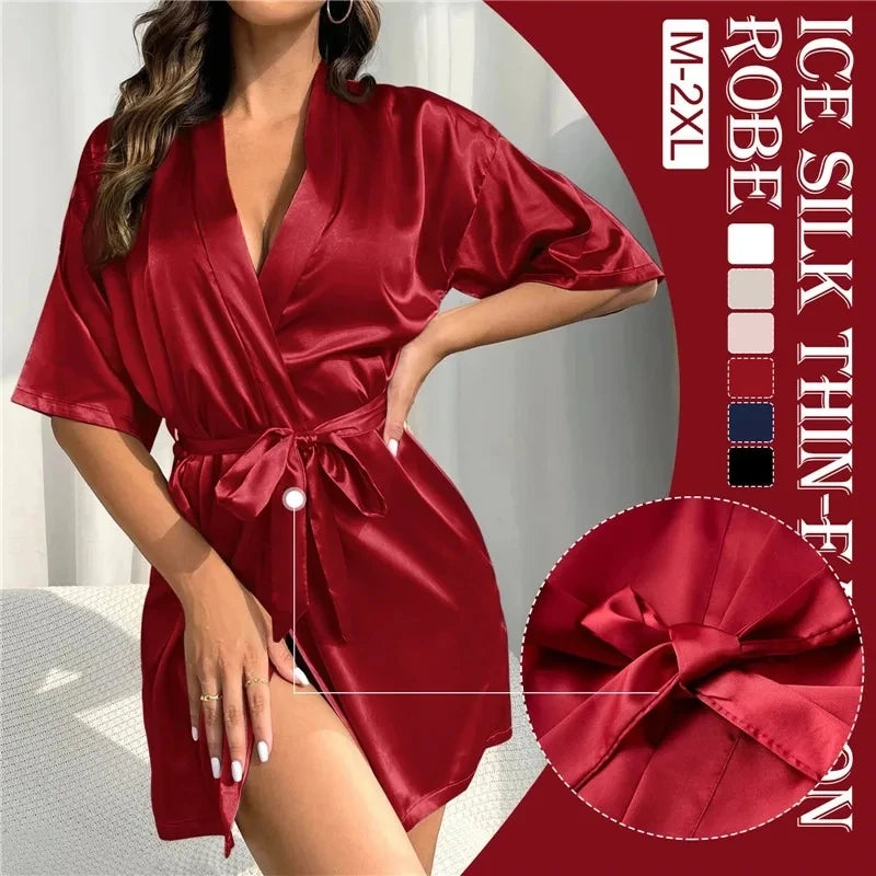 Women Silk Satin Short Night Robe Solid Kimono Robe Fashion Bath Robe Sexy Bathrobe Peignoir Femme Wedding Bride Bridesmaid Robe
