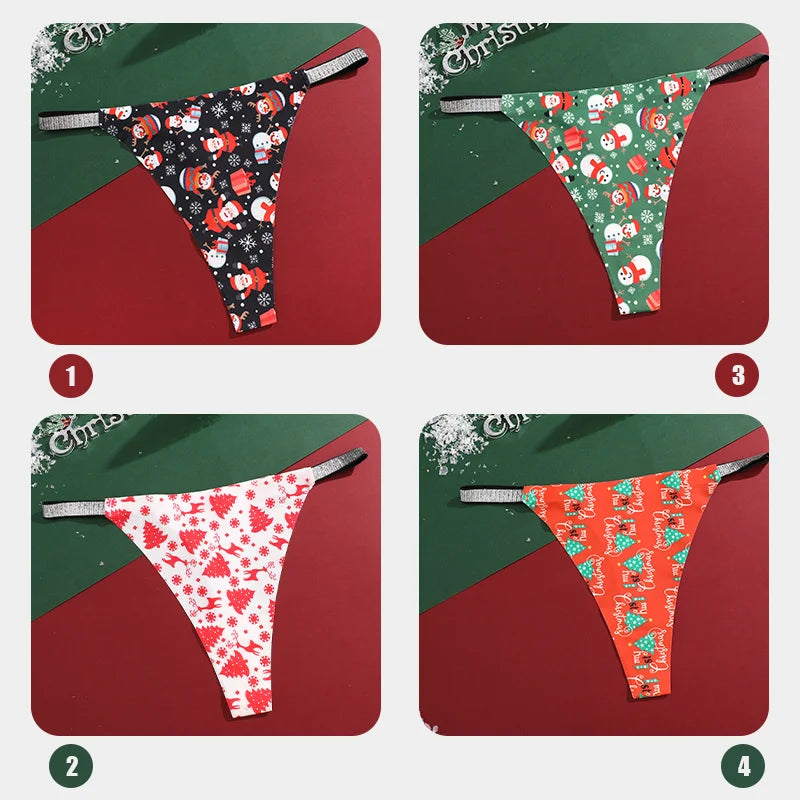 New 4Pcs Christmas Print Underwear Breathable Shiny Belt Thong Women Skin-friendly Fashionable Casual Christmas Gifts