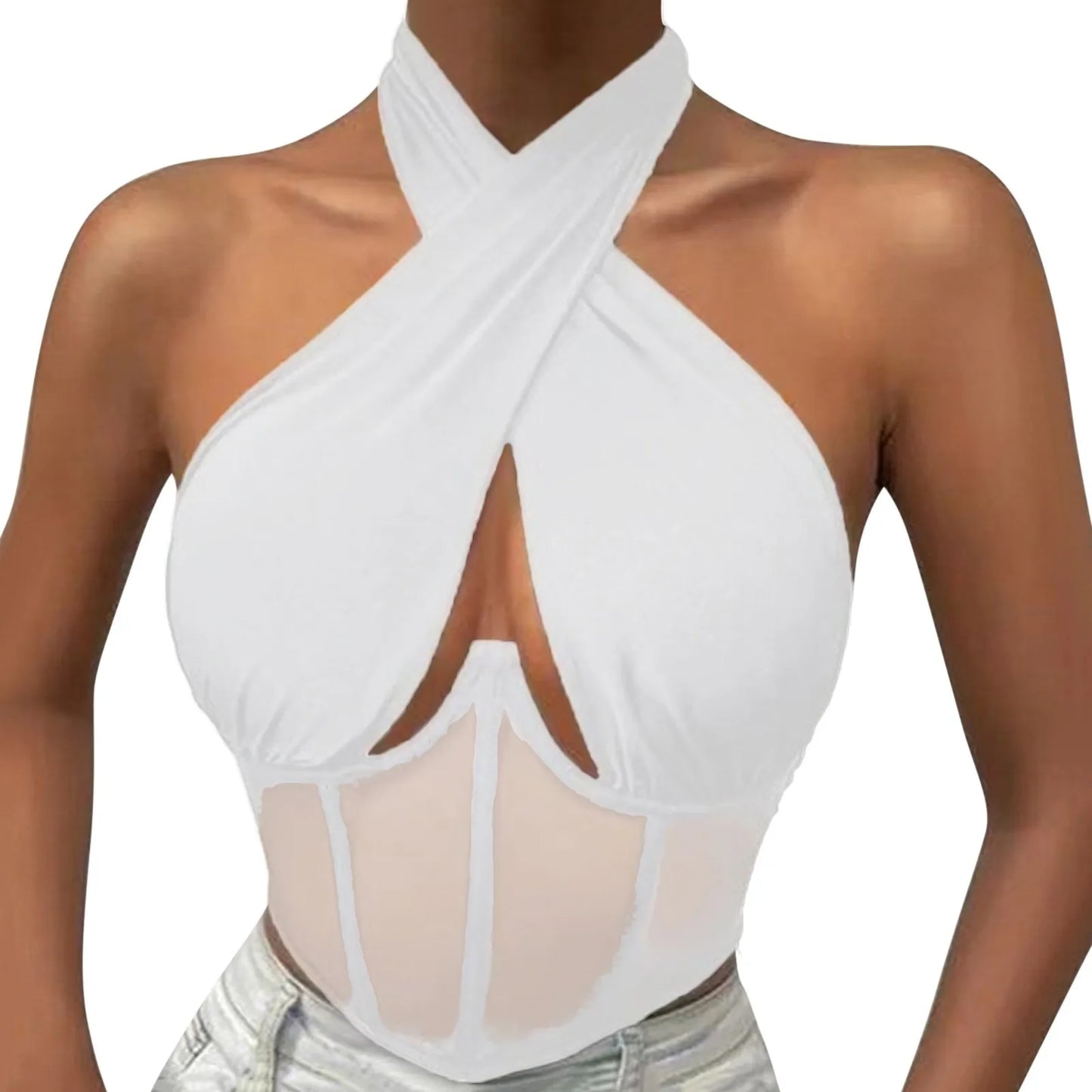 Sexy Cotton Stretch Tops For Women Cross Halter Sleeveless Blouses Fashion Sleeveless Hollow Out Top Irregular Neckline Tank Top