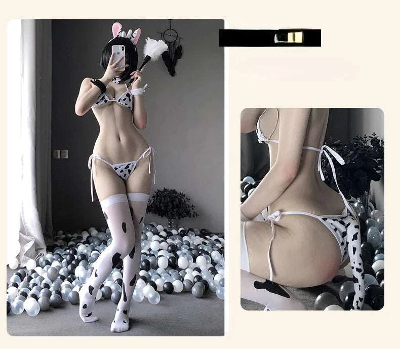 Hot Cute Anime Cow Cosplay Exotic Costume Japanese Style Bikini Lingerie Set for Role Play Night Sleepwear Clubwear Maid Uniform