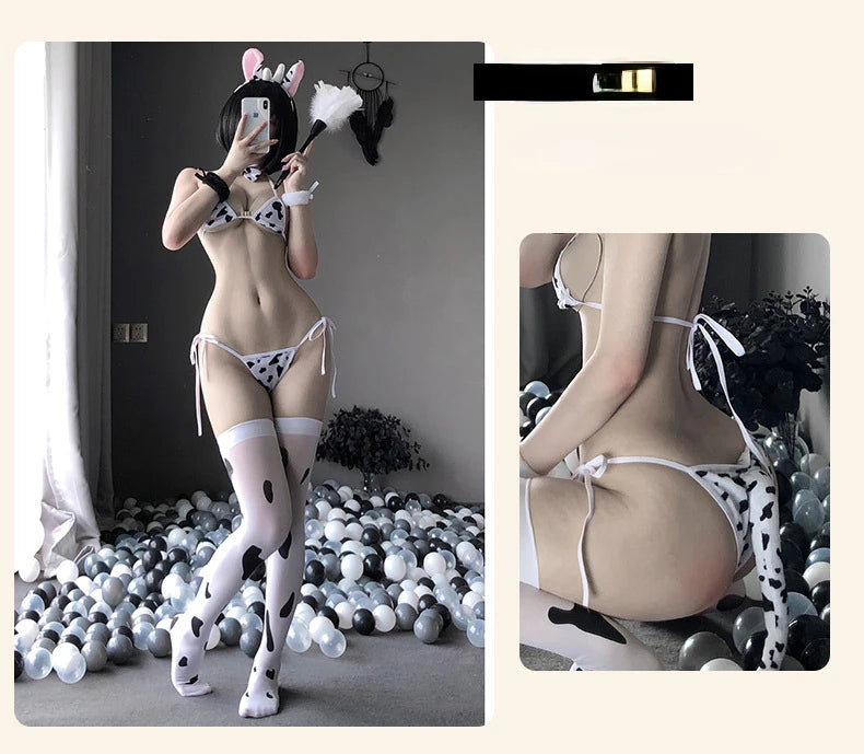Hot Cute Anime Cow Cosplay Exotic Costume Japanese Style Bikini Lingerie Set for Role Play Night Sleepwear Clubwear Maid Uniform