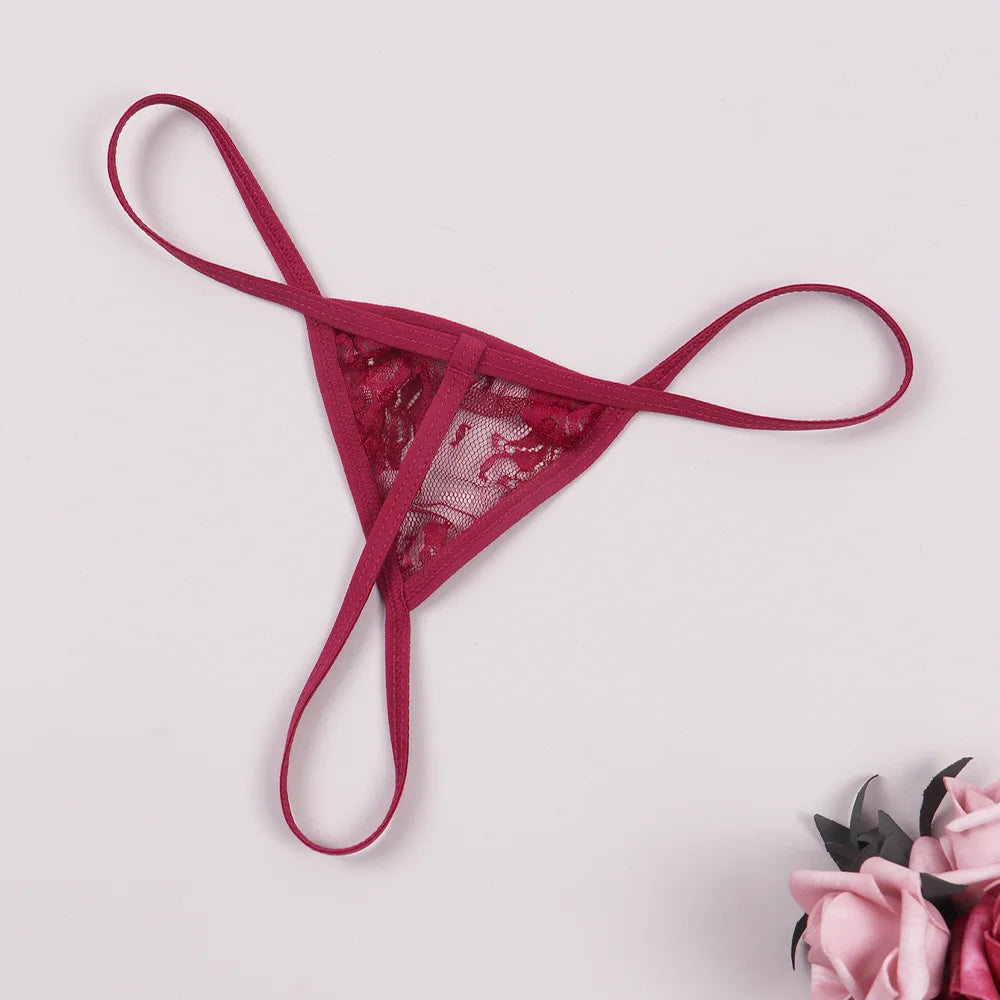 3PCS Sexy Lace See-Through Thong Bikini Set – V-Strap Panties Lingerie for Women