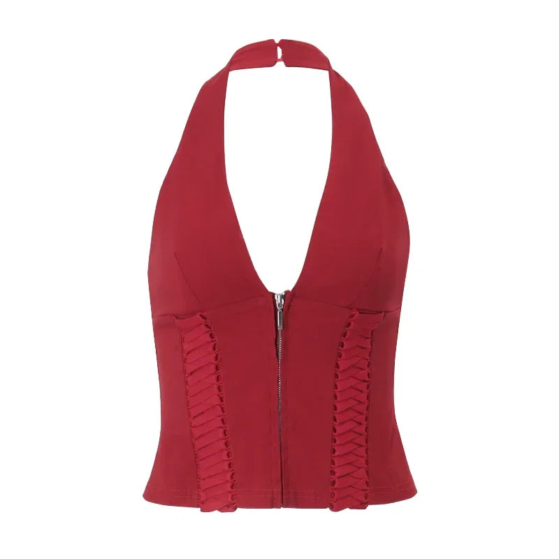 Fashion Cross Tie Zipper Slim Women's Vest Sexy Off Shoulder Backless Sleeveless Halter Top Casual Summer Street Camis
