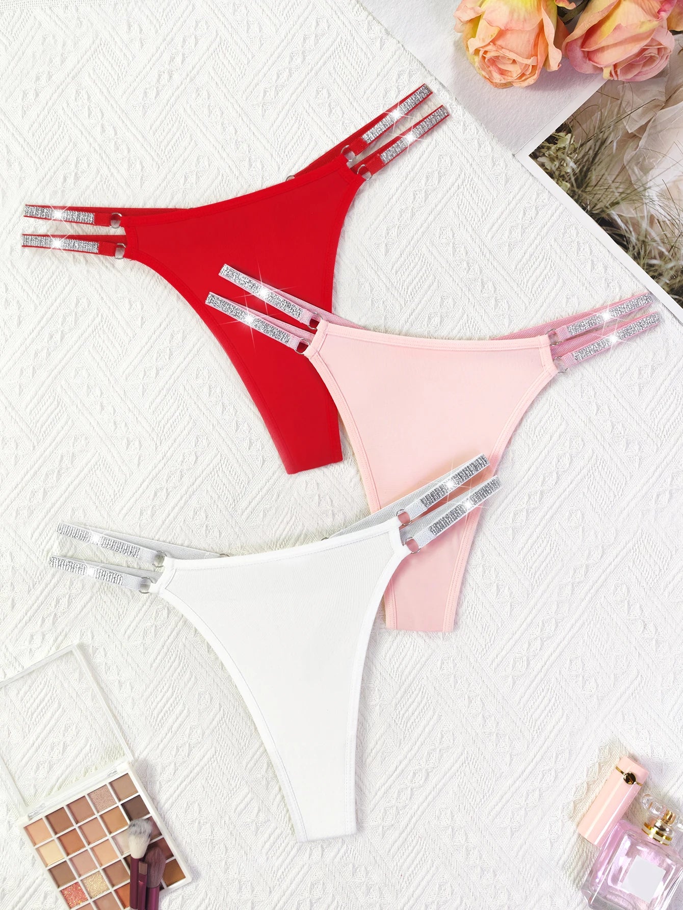 3pcs/Set Sexy Women Thongs New Fashion Intimate Lingerie Solid Comfortable Two Shiny Belts Ladies G-string Female Underwear