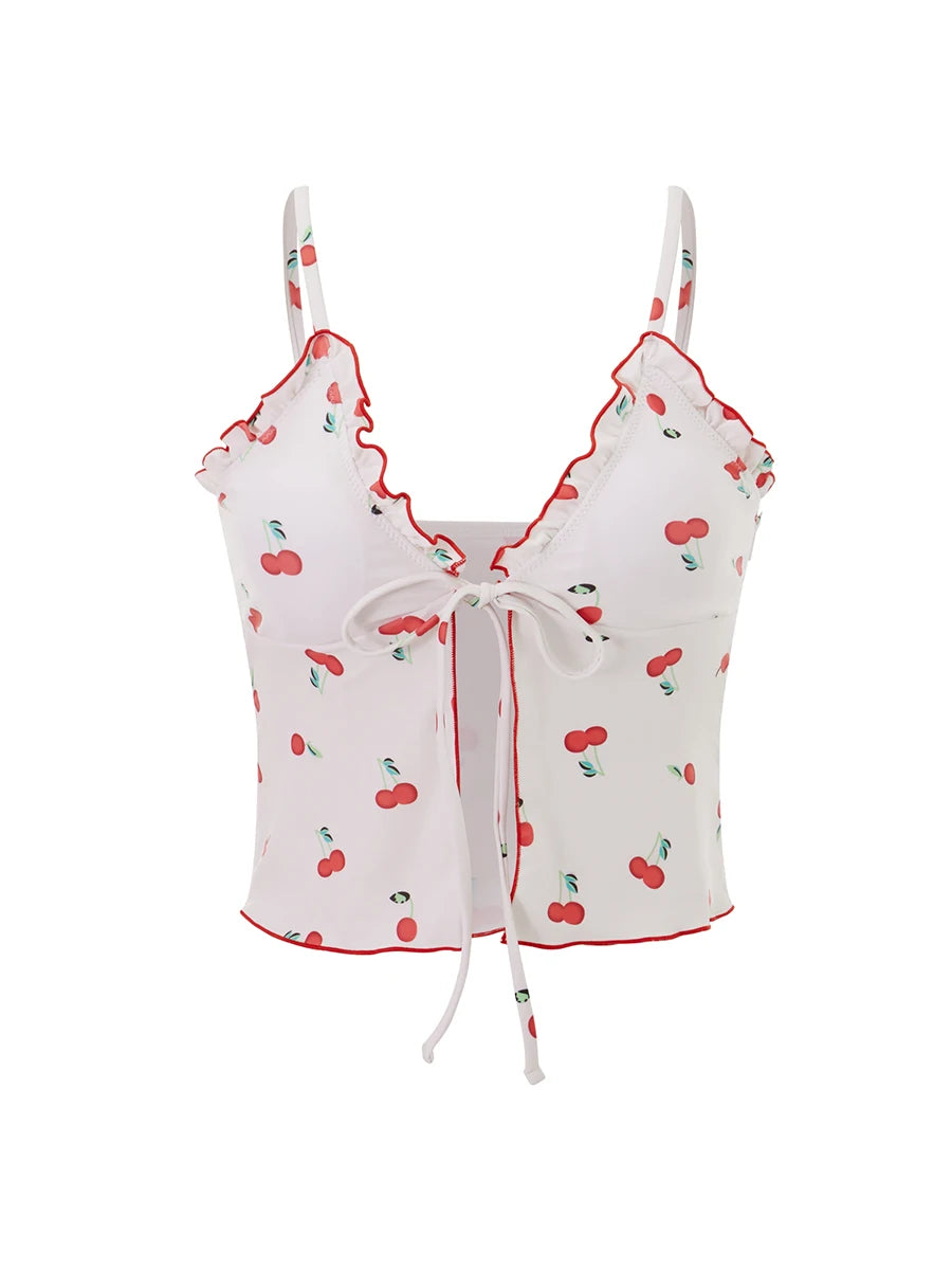 Floral Print Ruffle Off-Shoulder Bikini Top – Tie Front Sleeveless Swimsuit Crop for Women (Top Only)