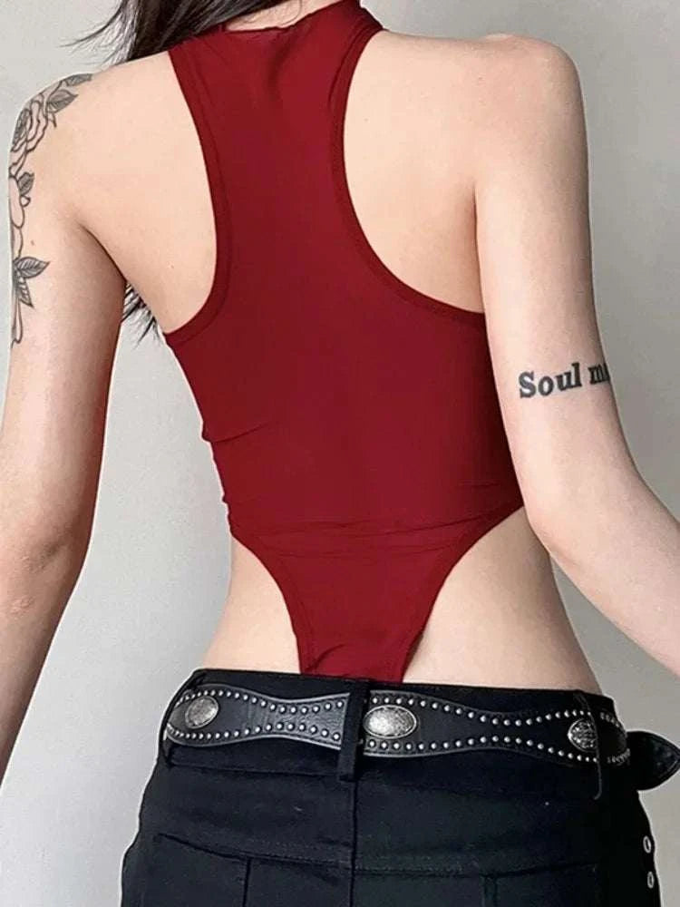 Solid Red Mesh Corset Bodysuit