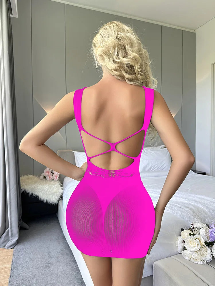Women’s Sheer Fishnet Hollow-Out Backless Bodysuit Skirt – Erotic One-Piece Mesh Dress