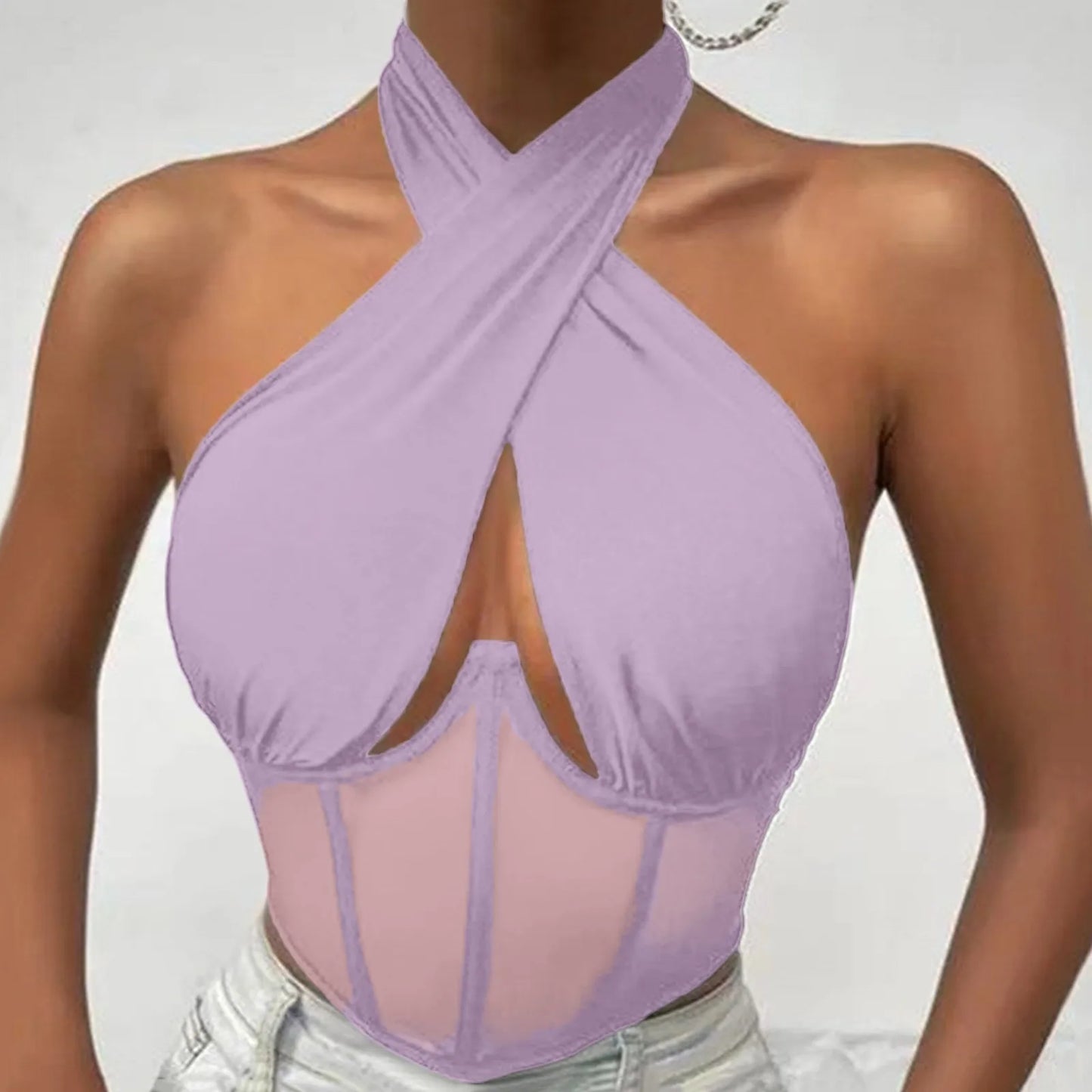 Sexy Cotton Stretch Tops For Women Cross Halter Sleeveless Blouses Fashion Sleeveless Hollow Out Top Irregular Neckline Tank Top
