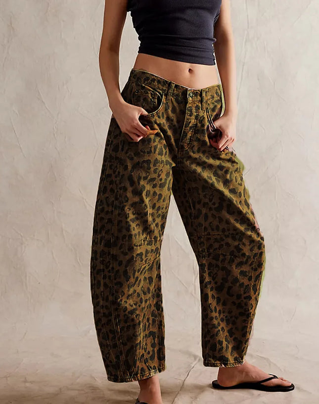 Women Leopard Barrel Jeans Y2k Cheetah Printed Baggy Boyfriend Jeans Mid Rise Wide Leg Denim Pants Horseshoe Jeans