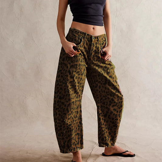 Women Leopard Barrel Jeans Y2k Cheetah Printed Baggy Boyfriend Jeans Mid Rise Wide Leg Denim Pants Horseshoe Jeans